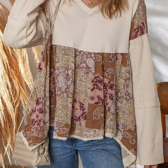 B296 Beige Paisley Print Waffle Patchwork Long Sleeve Loose Top - Picture 3 of 5